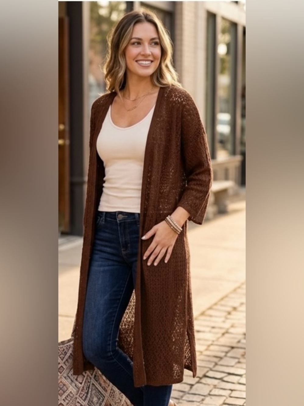 J Jill Chocolate Brown Crochet Open Knit Long Cardigan Duster M